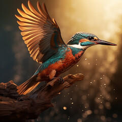 Common kingfisher with wings spread out on a branch ai generative photo