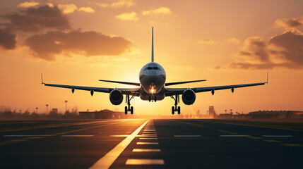  Passenger airplane landing at sunset on a runway - obrazy, fototapety, plakaty