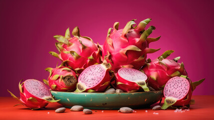 Photo of dragon fruit pitaya on colorful backdrop