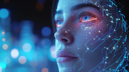 The young female face with elements of an interactive glowing interface. AI and Human interface with beautiful futuristic bliss  - obrazy, fototapety, plakaty
