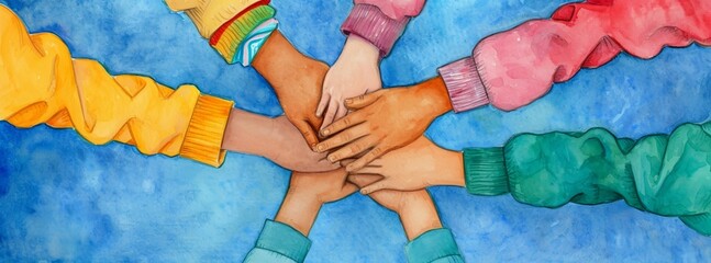 Kids, teens of different skin colors stretching out their hands to show their determination, resolution and commitment to a community, giving their word and promising to honour it, colorful banner - obrazy, fototapety, plakaty