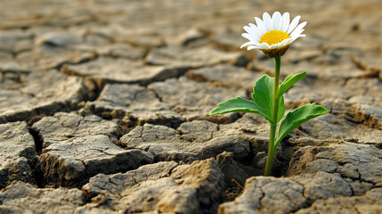 single white daisy with green leaves grows in the middle of dry, cracked earth