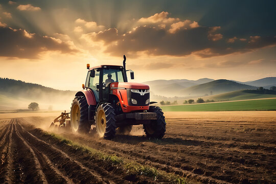 Fototapeta A tractor plowing a field at sunset.