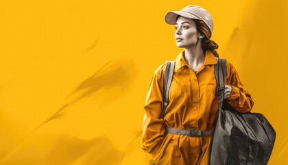 Obraz premium Photo of female worker in overalls on orange background with blank text space