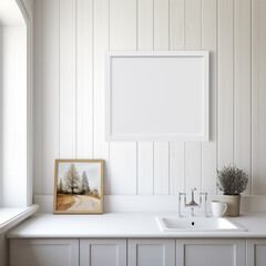 White Scandinavian farmhouse kitchen mockup interior background