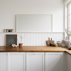 White Scandinavian farmhouse kitchen mockup interior background