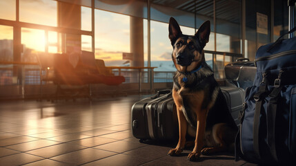 German shepherd guarding luggage at the airport, illustration (generated using artificial intelligence). - obrazy, fototapety, plakaty