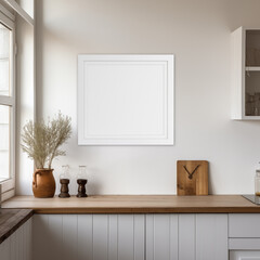 White Scandinavian farmhouse kitchen mockup interior background