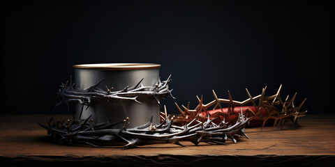 Fototapeta na wymiar Still life of crown of thorns, Cross with thorns on white background flat lay, High angle crown of thorns and rusty nails,