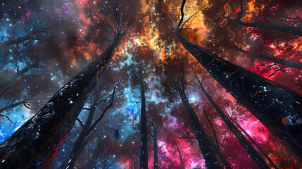 Cosmic Canopy: Chrome Trees and Starry Sky in an Enchanted Forest