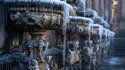 Ornate Abandoned Fountains with Cascading Ice and Icicles