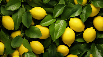 Yellow sunny lemons with green leaves. Background with citrus fruits. Fruity texture. - obrazy, fototapety, plakaty