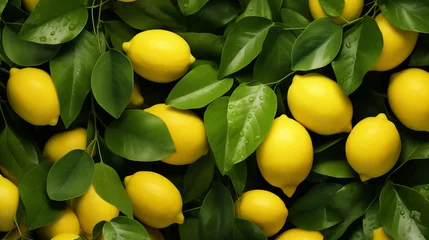 Foto op Plexiglas Yellow sunny lemons with green leaves. Background with citrus fruits. Fruity texture. © MargaritaSh