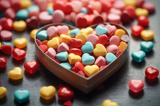 Valentine week, Love Background of an image of colorful heart-shaped candies with various sweet and affectionate phrases written on them.
