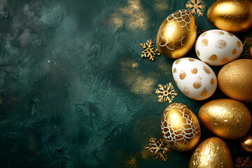 Easter eggs of gold and green color on a green background, minimal creative Easter layout for congratulations.