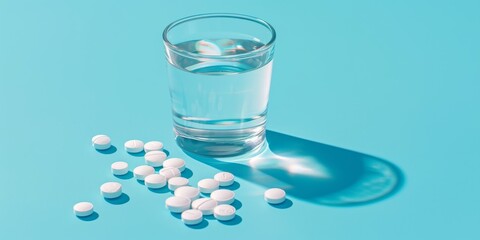 Transparent glass of water and tablets near it on a blue backround, banner, copy space