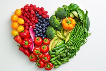 Fresh fruits and vegetables in a heart shape plate, top view,
