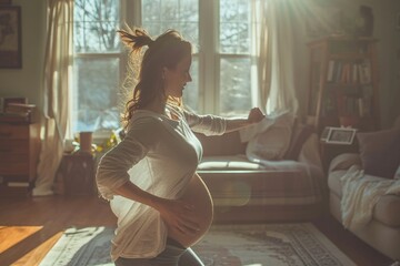 Pregnant woman meditates yoga: wellness, balance, and tranquility, beauty of maternity through the harmonious blend of meditation, yoga, and expectant motherhood - obrazy, fototapety, plakaty