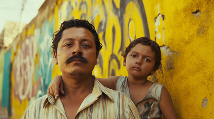Mustachioed Mexican man with his little son, standing against a background of a yellow wall with graffiti