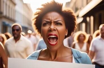 female activist striking against rights violation. angry black woman screaming with poster on street - obrazy, fototapety, plakaty