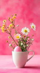 Easter egg and spring flowers in a cup of tea on a pink background, creative Easter holiday concept, minimalism for postcard design.