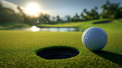 Golf ball lies next to a hole on a green golf course - obrazy, fototapety, plakaty