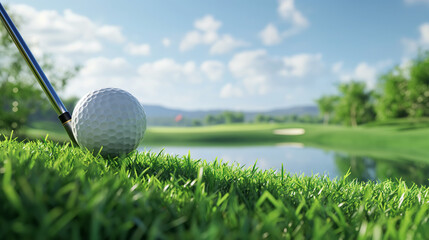 Club next to golf ball on green golf course