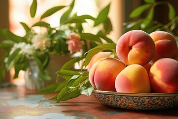 Fresh peaches in a plate on the table