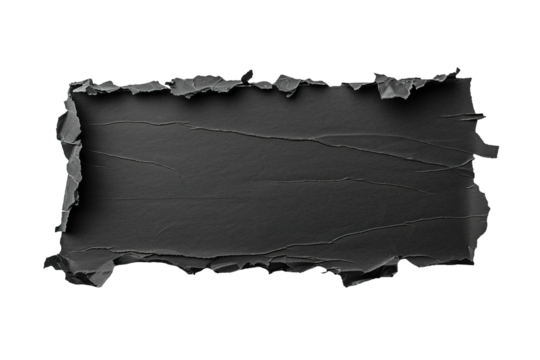 Blank, black sheet of paper, rectangular shape. On transparent background. Ripped, jagged page. With empty space for text.