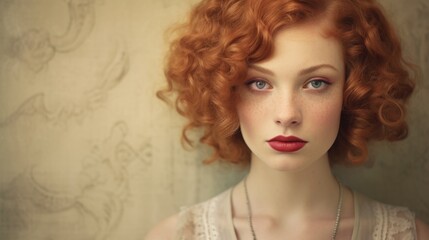 Photorealistic Teen White Woman with Red Curly Hair retro Illustration. Portrait of a person in vintage 1920s aesthetics. Historic movie style Ai Generated Horizontal Illustration.
