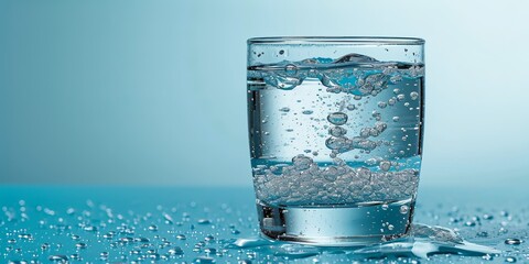 Glass of bubbling water on blue background