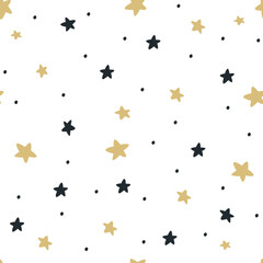 Seamless vector pattern. Nice white and yellow stars, night sky on a white background. Vector illustration