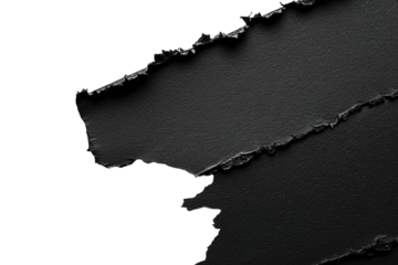Blank, black sheet of paper, diagonal element. On transparent background. Ripped, jagged page. With empty space for text.