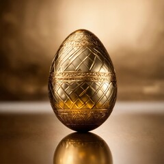Gold metal Easter egg isolated on golden color background. Easter holiday concept in minimalism style. Fashion monochromatic composition. Web banner with copy space for design.