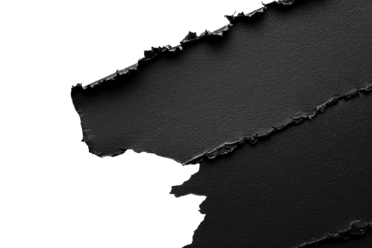 Blank, black sheet of paper, diagonal element. On transparent background. Ripped, jagged page. With empty space for text.