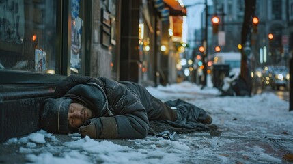 A homeless man sleeps on a street in downtown Montreal-Canada