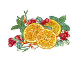 Forest, garden red and orange berries, citrus slices and mint leaves. Orange, sea buckthorn,...
