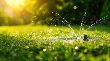 Automatic sprinkler lawn watering system water in motion blur. Copy space image - obrazy, fototapety, plakaty