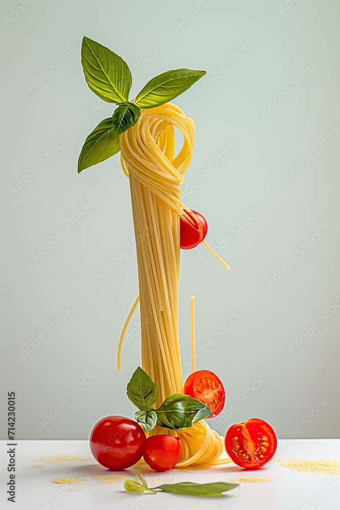 Poster a minimalistic still life concept: a neatly arranged stack of spaghetti adorned with fresh tomatoes 