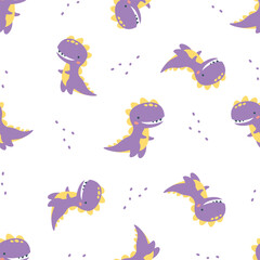 Seamless vector pattern in child style on white background. Cute dinosaur on a white background. Vector illustration