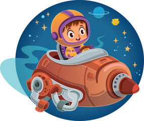 A little boy flying a rocket in the space. Vector illustration.