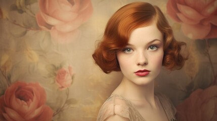 Photorealistic Teen White Woman with Red Straight Hair retro Illustration. Portrait of a person in vintage 1920s aesthetics. Historic movie style Ai Generated Horizontal Illustration.
