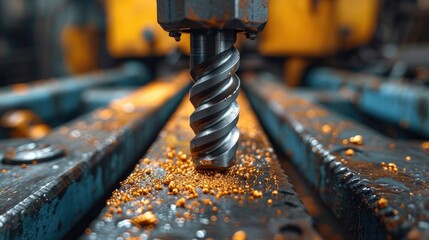 Close-Up View of a Metal Drill Bit on a CNC Machine Cutting Through Material with Metal Shavings...