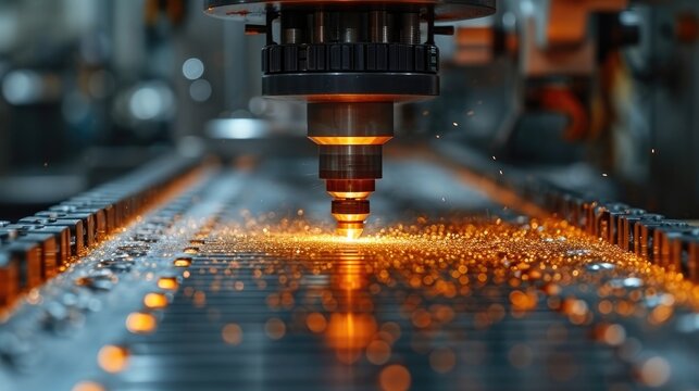 Close-Up View of a Metal Drill Bit on a CNC Machine Cutting Through Material with Metal Shavings Visible