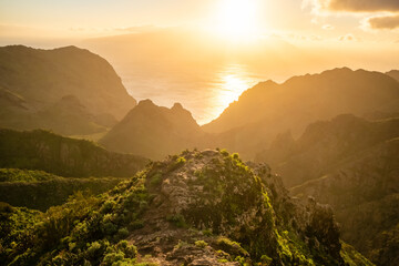 Beautiful sunset over the green volcanic landscape in Masca valley, Tenerife, Spain