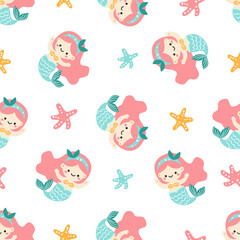 Seamless vector pattern in children's style. Cute mermaid and starfish on white background . Vector illustration