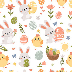 Seamless vector pattern for the holiday of bright Easter. Cute Easter bunnies, chickens, eggs, flowers and butterflies. Vector illustration
