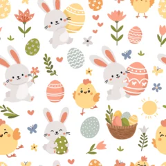 Fotobehang Naadloze herfst Seamless vector pattern for the holiday of bright Easter. Cute Easter bunnies, chickens, eggs, flowers and butterflies. Vector illustration  © Alena