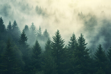 Foggy landscape with fir forest in retro vintage hipster style, nature concept - Powered by Adobe