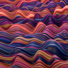 Abstract, fluid, wavy and colorful 3D background lines texture. Modern and contemporary feel. Metallic, iridescent and reflective with shades of blue, orange, pink, magenta, black